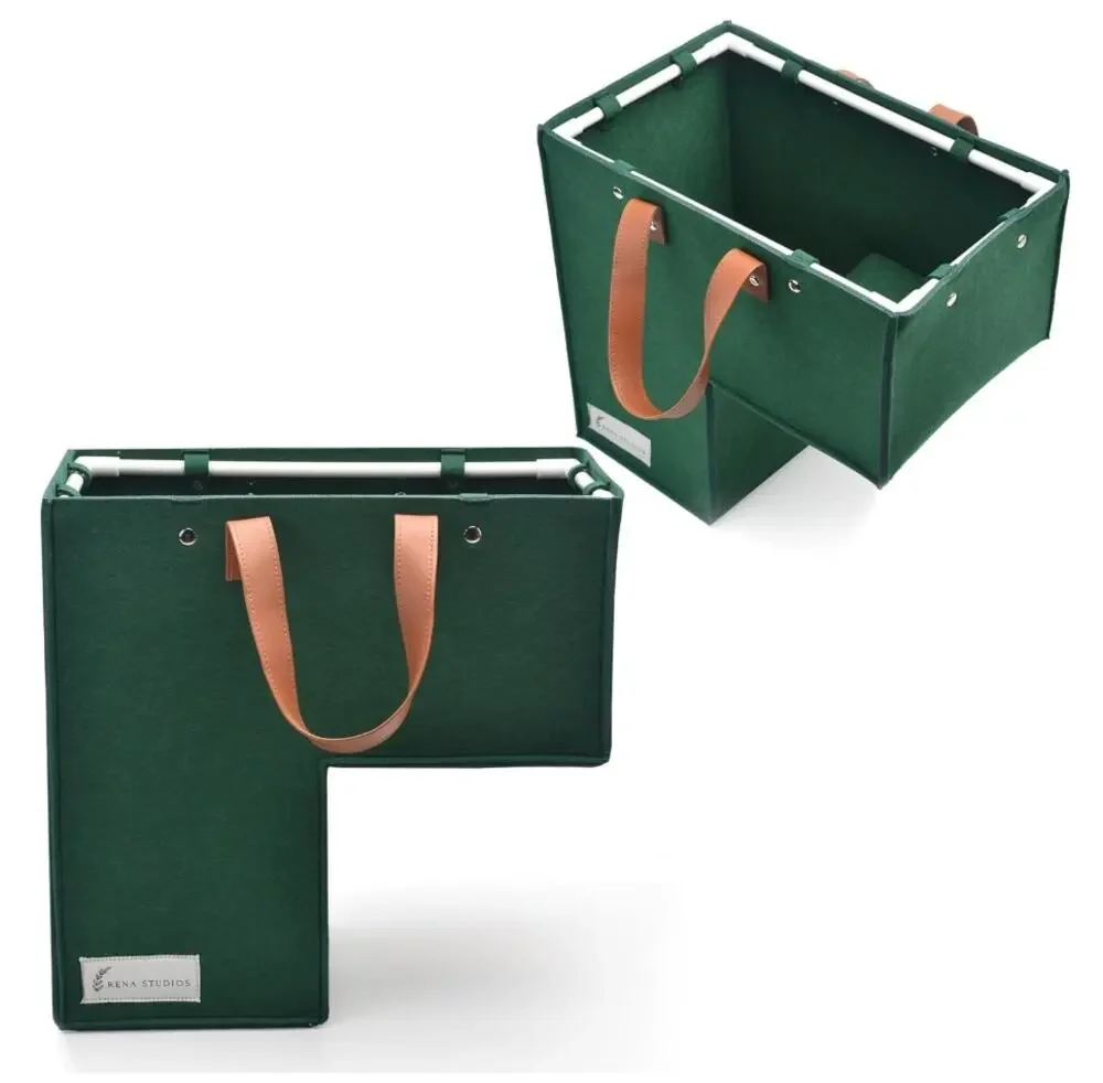 Reni Studios Foldable Stair Basket with Frame & Leather Handles 16